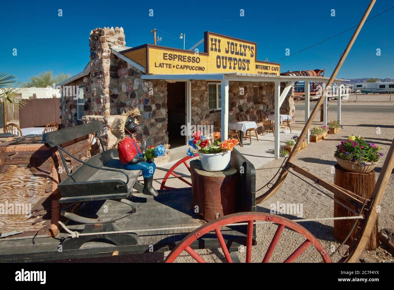 Wagon at Hi Jolly Outpost cafe in Quartzsite, Arizona, USA Stock Photo