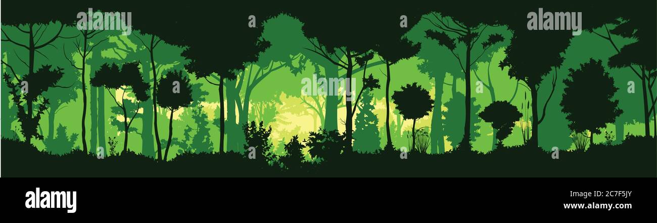 Forest silhouette deciduous. Vector. Summer landscape. Jungle. Stock Vector