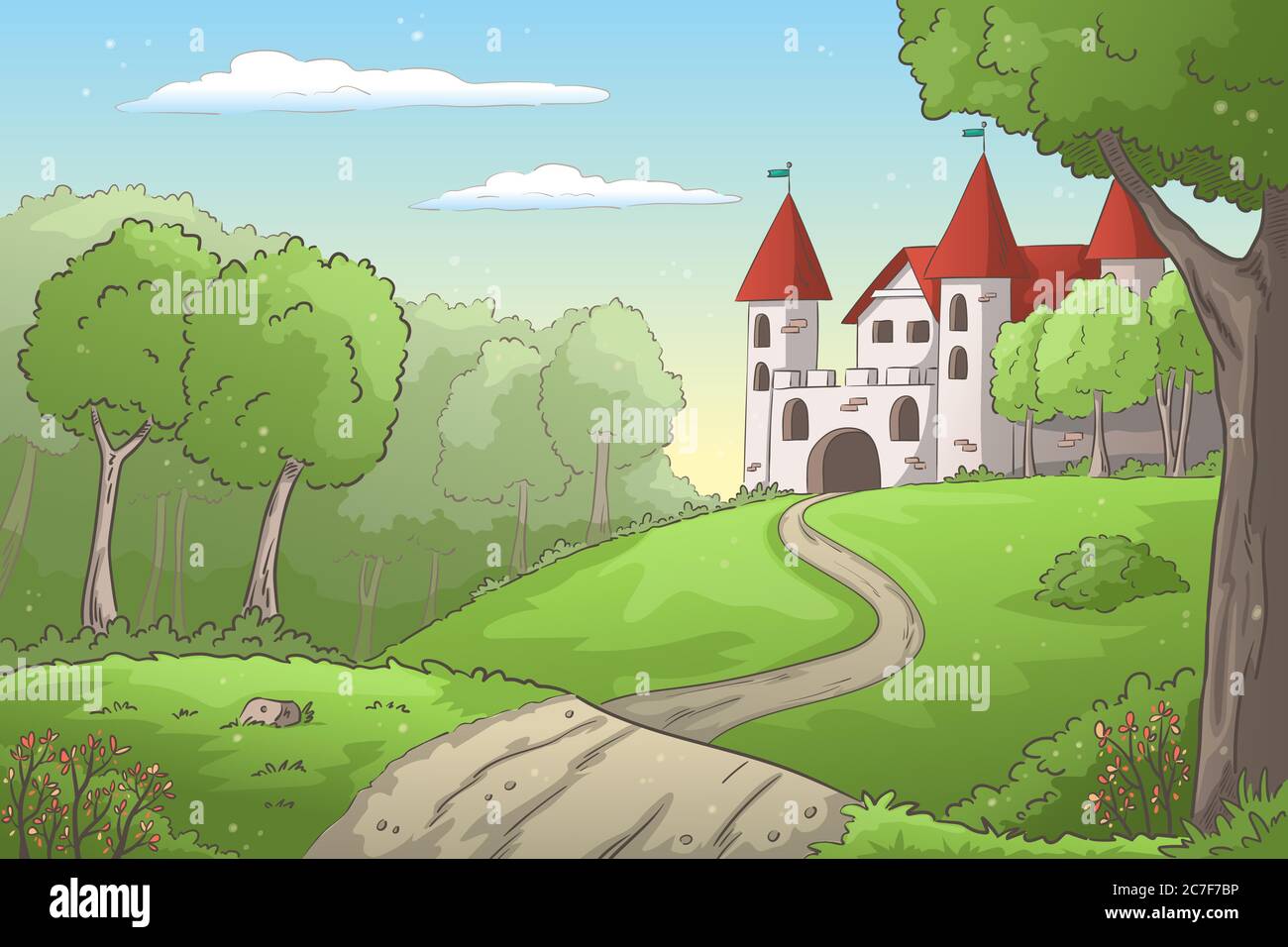 Castle in the forest. Hand drawn vector illustration with separate layers. Stock Vector