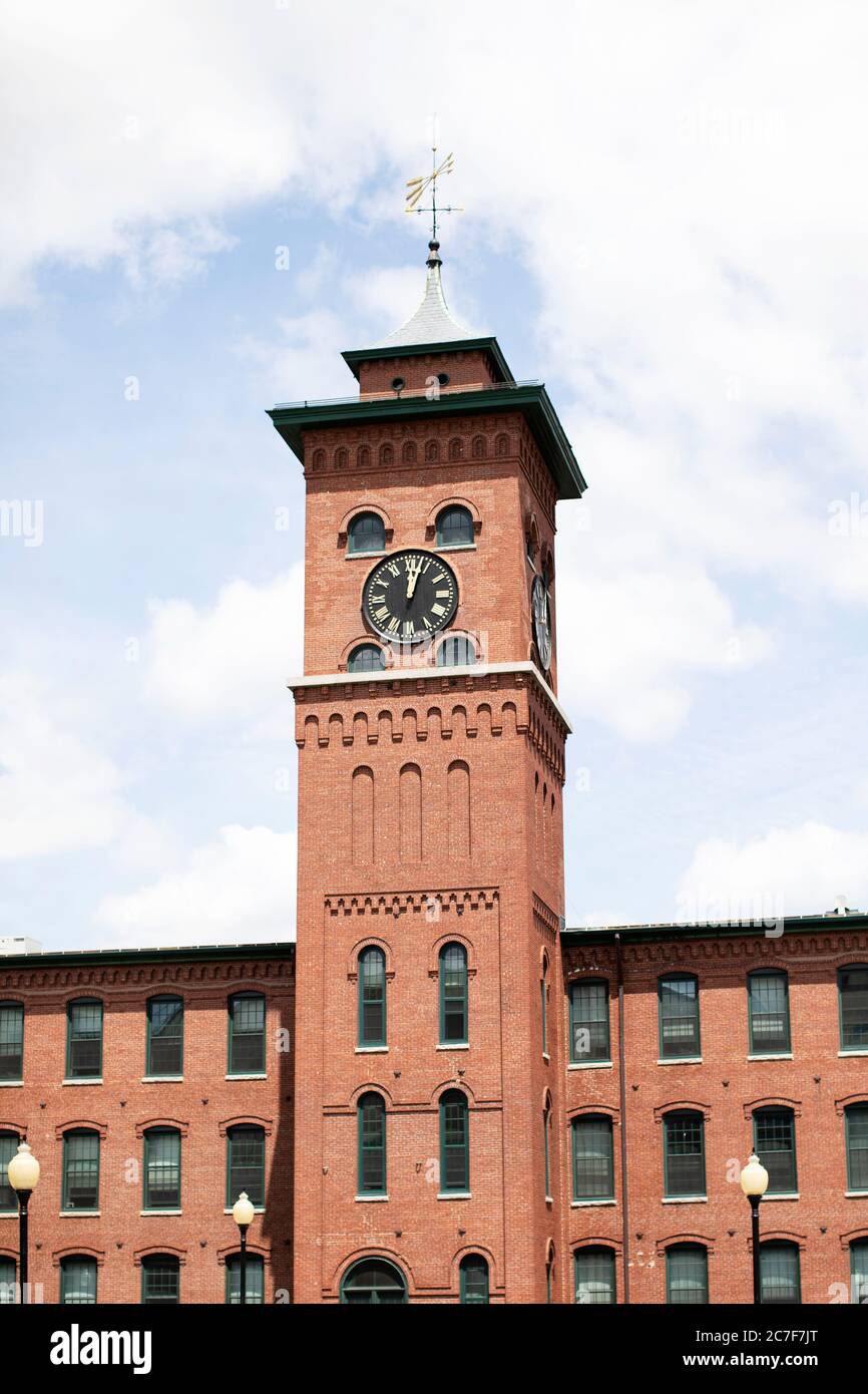 The clock tower at Clocktower Place Apartments, a former textile mill