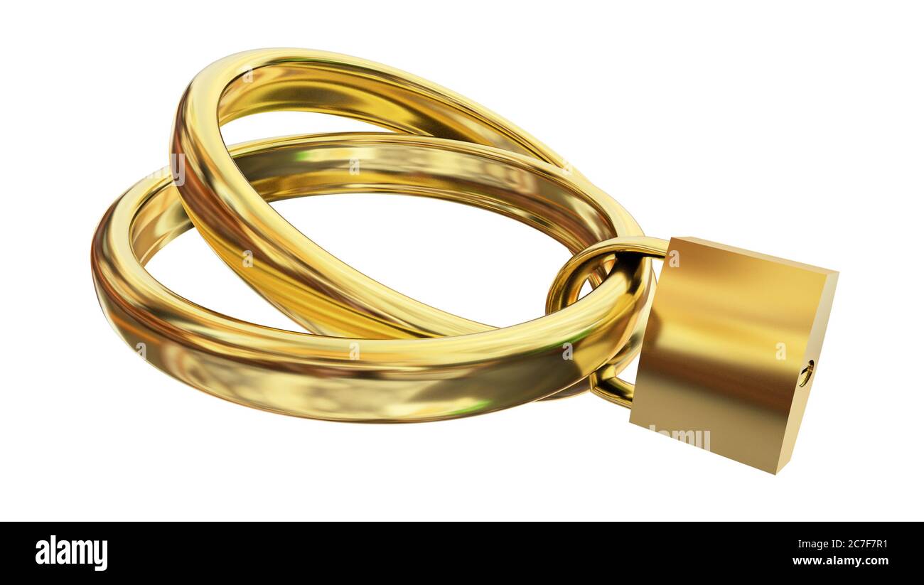 rings pair locked with padlock  golden marriage counselor together for ever - 3d rendering Stock Photo
