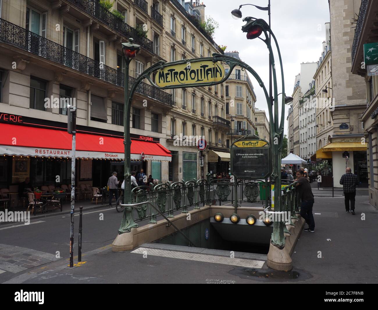 Paris, France. 16th July, 2020. Entrance of the Châtelet Métro station in  Paris. July 19 marks the 120th anniversary of the opening of the first  métro line in Paris between the stations