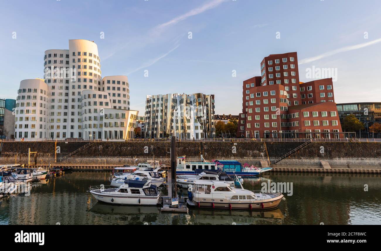 Neuer Zollhof, Gehry Bauten, architect Frank O. Gehry, Media Harbour, Duesseldorf, North Rhine-Westphalia, Germany Stock Photo