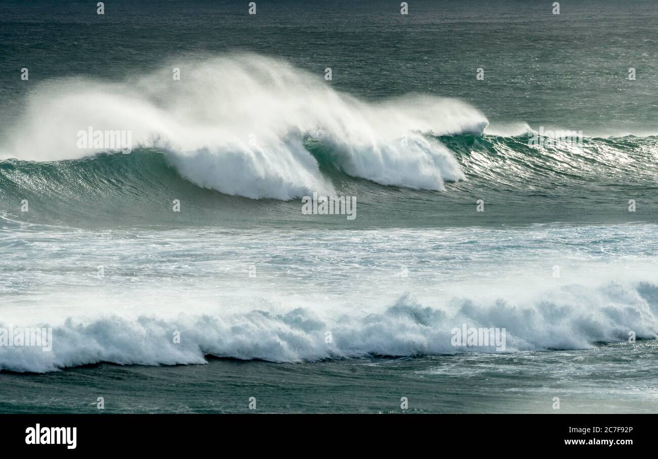 Strong swell, waves breaking on the sea, Sandfly Bay, Dunedin, Otago region, Otago Peninsula, Southland, New Zealand Stock Photo