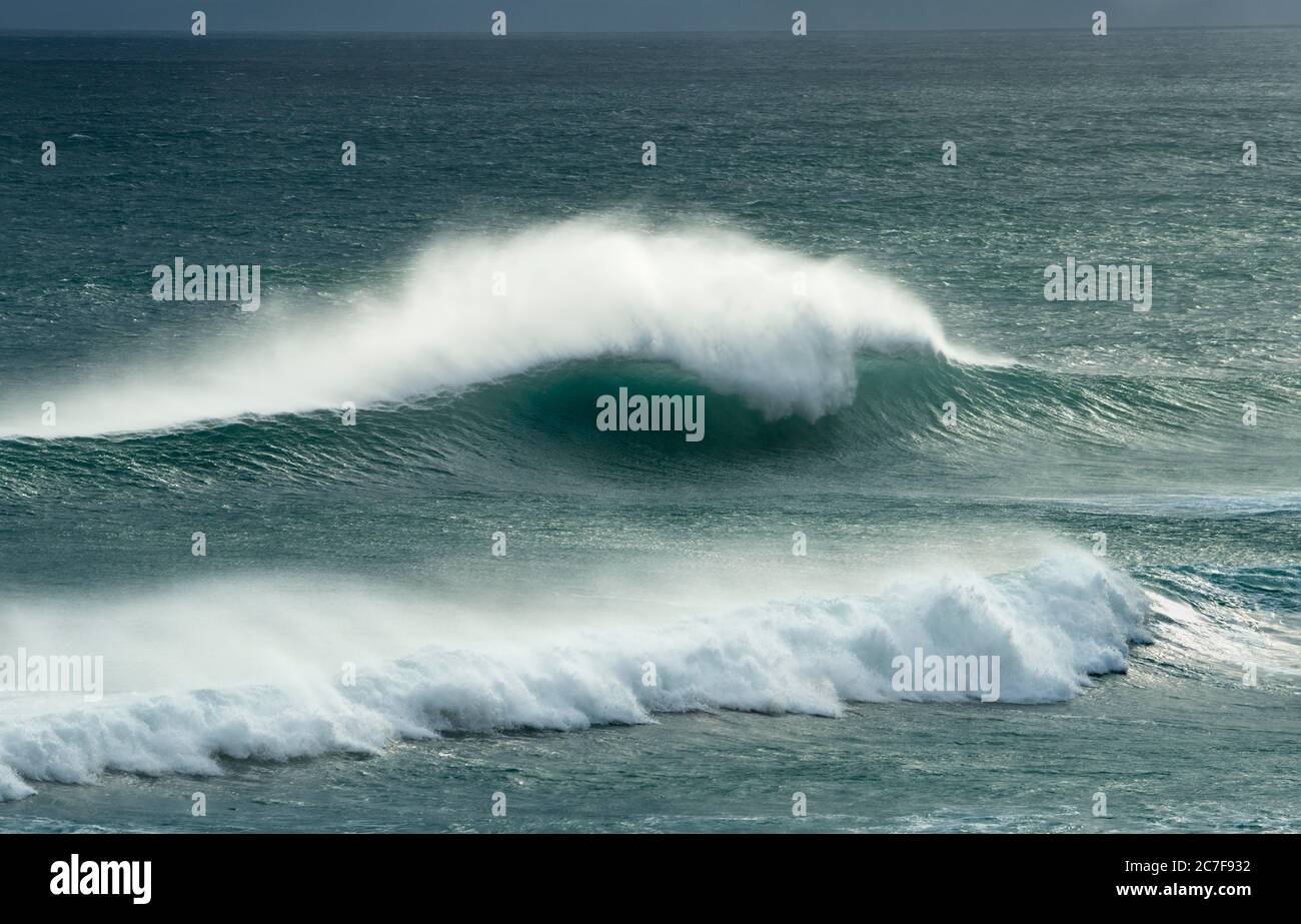 Strong swell, waves breaking on the sea, Sandfly Bay, Dunedin, Otago region, Otago Peninsula, Southland, New Zealand Stock Photo