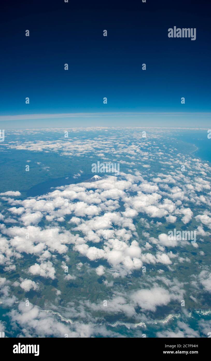 Mount Taranaki with clouds, aerial view, North Island, New Zealand Stock Photo