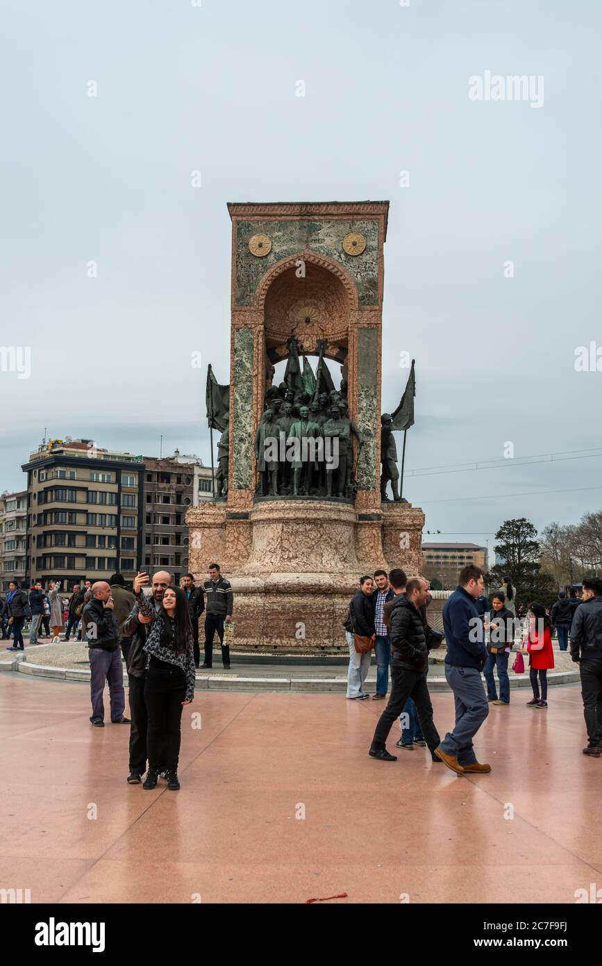 Mustafa Kemal Atatuerk with comrades in arms, Independence Monument, Taksim Square Meydani, Beyoglu, Istanbul, Turkey Stock Photo