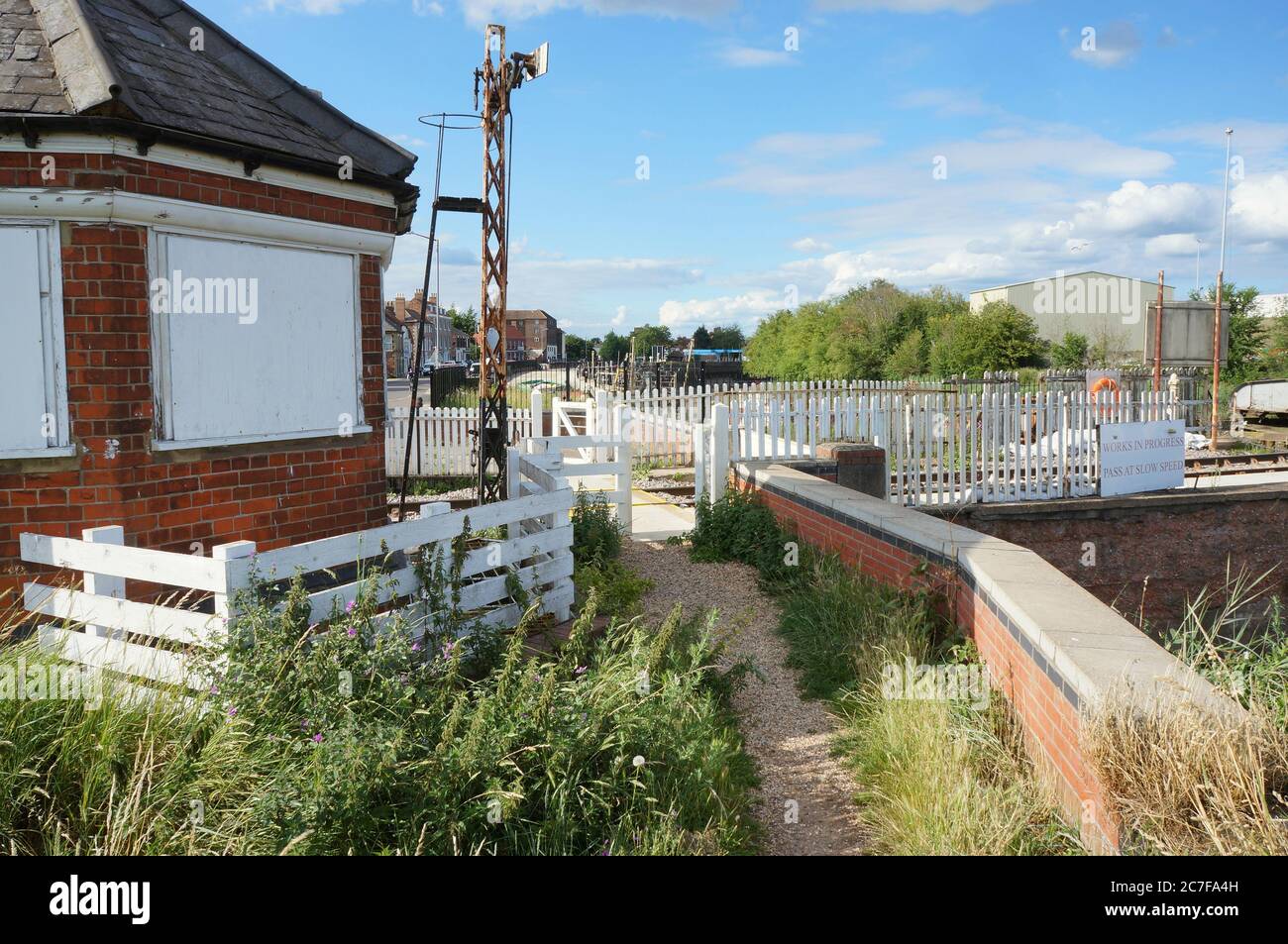 old signal box on the railway line in the high street Stock Photo