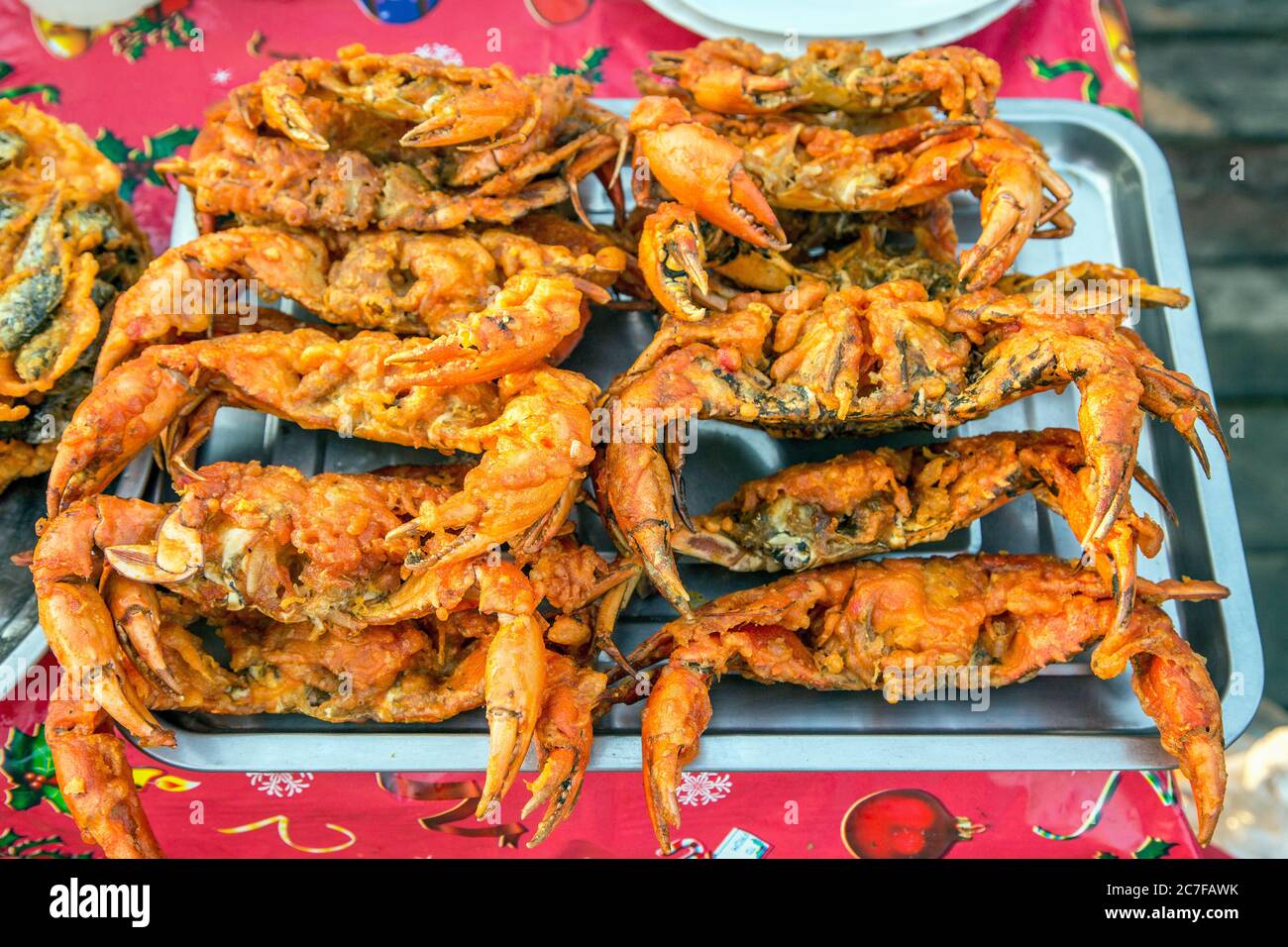 Close-up detail of fried crabs for sale at a street market in Mandalay, Myanmar Stock Photo