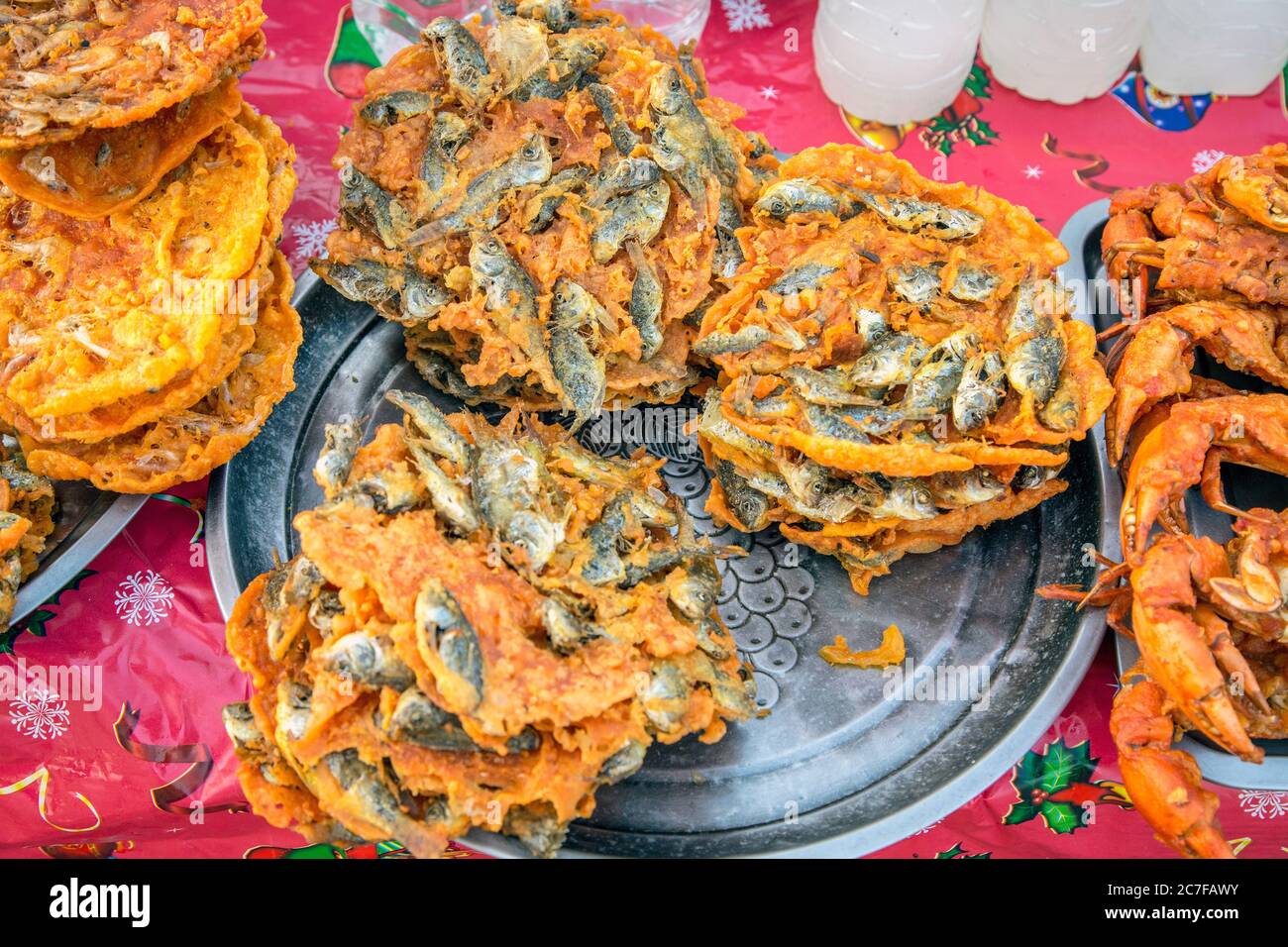 Close-up detail of fish fritters for sale at a street market in Mandalay, Myanmar Stock Photo