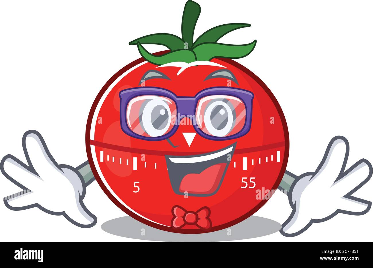 A caricature drawing of nerd tomato kitchen timer wearing weird glasses