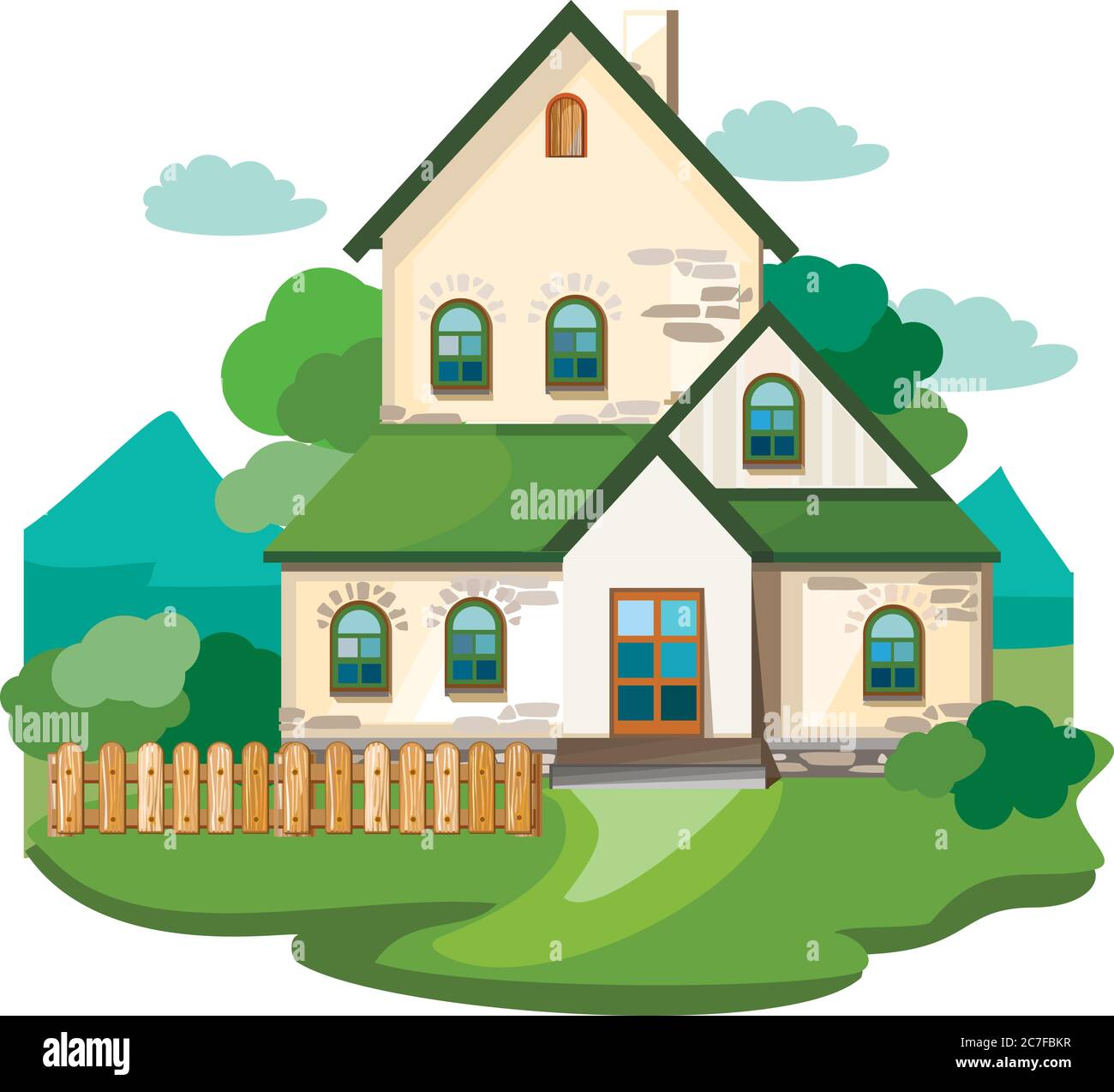 The house is fabulous, cartoon. Village cottage. House in the forest. Holiday. Cottage, cottage. Collection. Two-storey house with an attic. Stock Vector