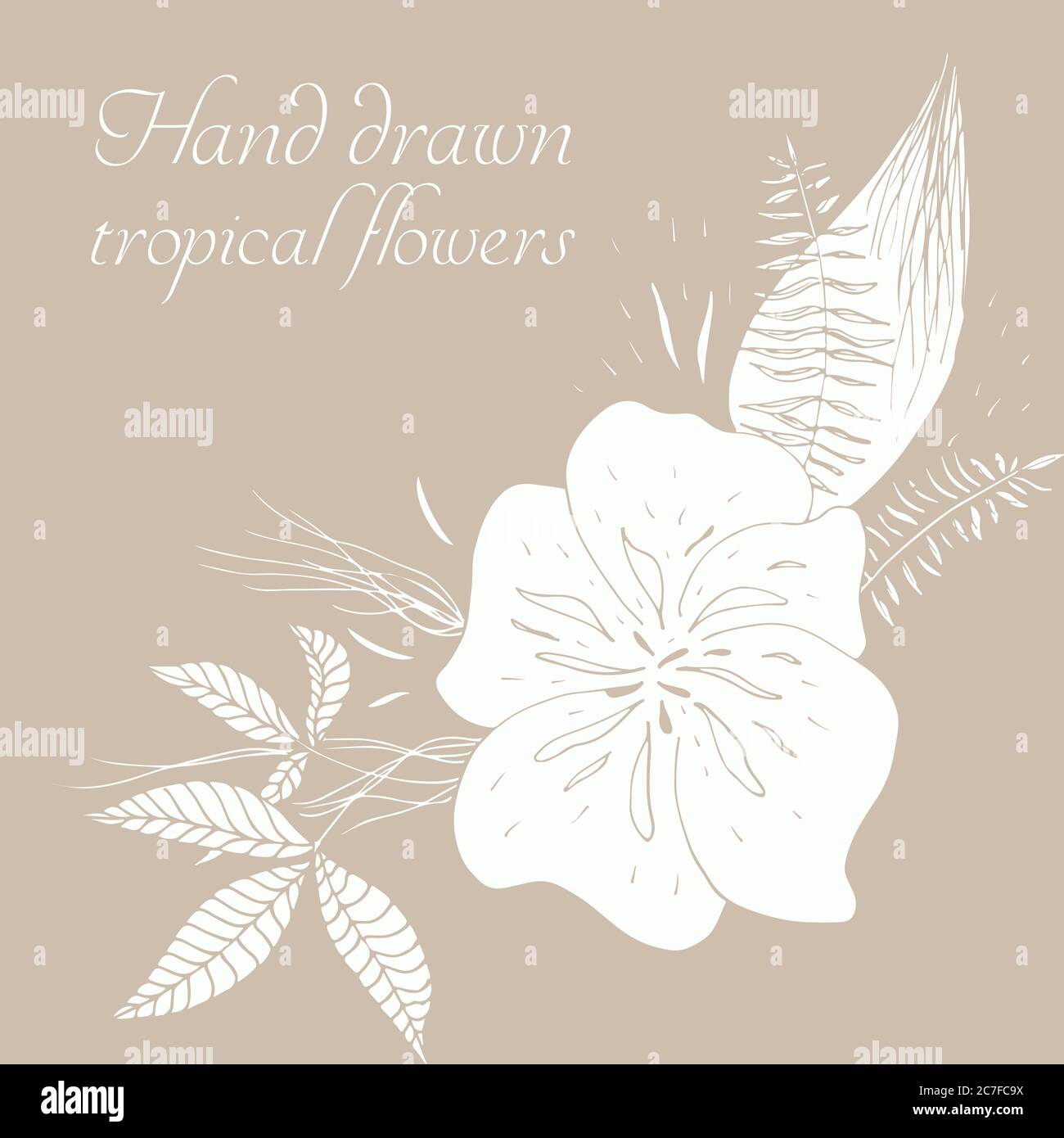 Vector composition of hand drawn tropical flowers, palm leaves, jungle plants, paradise bouquet. Floral illustration in sketch style. Summer backgroun Stock Vector