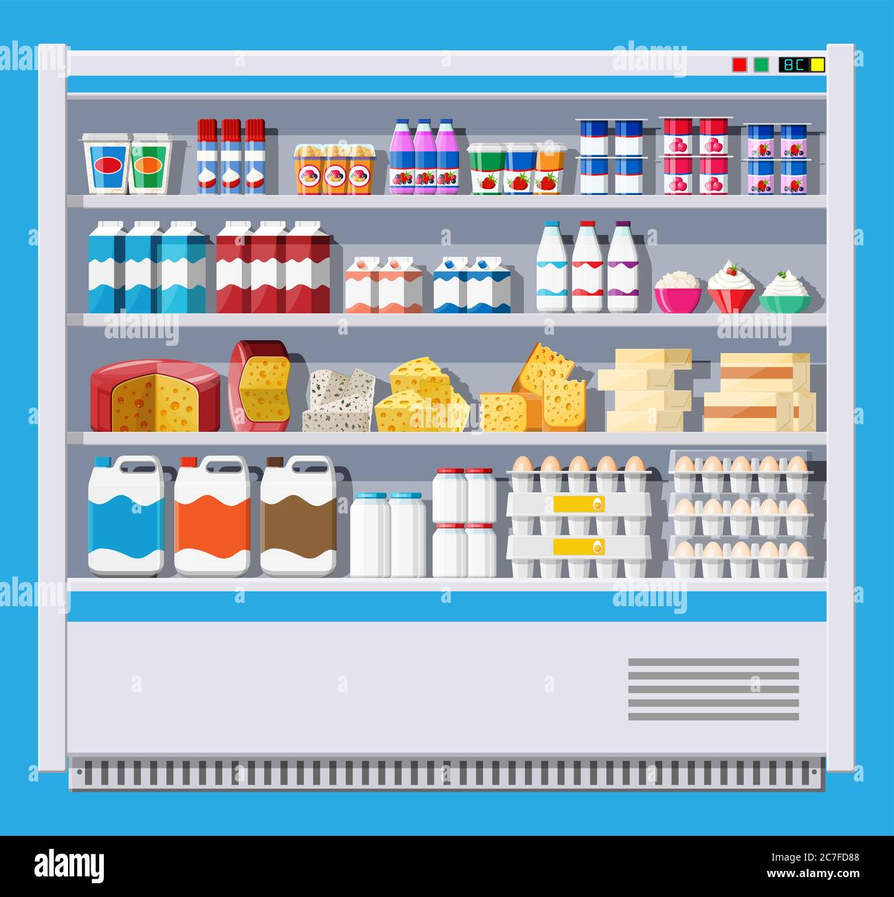 Showcase fridge for cooling dairy products. Different colored bottles and boxes in fridge. Refrigerator dispenser cooling machine. Milk, yogurt, sour cream, cheese, eggs. Flat vector illustration Stock Vector