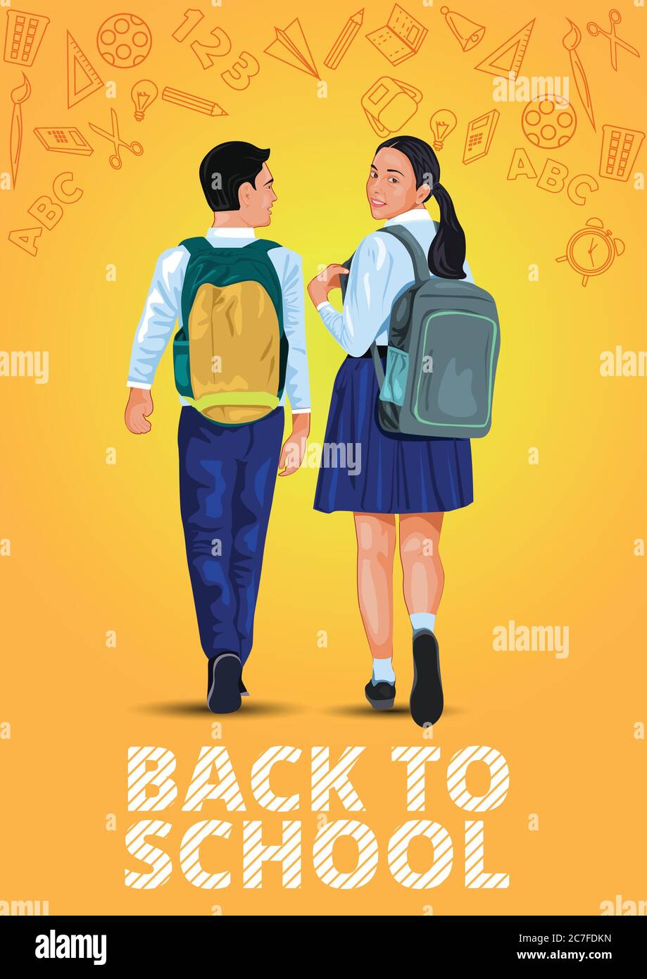 Walking boy and girl back to school illustration Children go to school with their back packs and in school uniforms Education Happy to study Vector il Stock Vector
