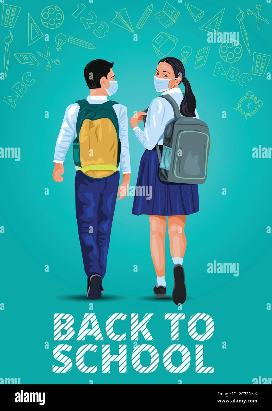 Walking boy and girl back to school illustration Children go to school with their back packs and in school uniforms Education Happy to study Vector il Stock Vector