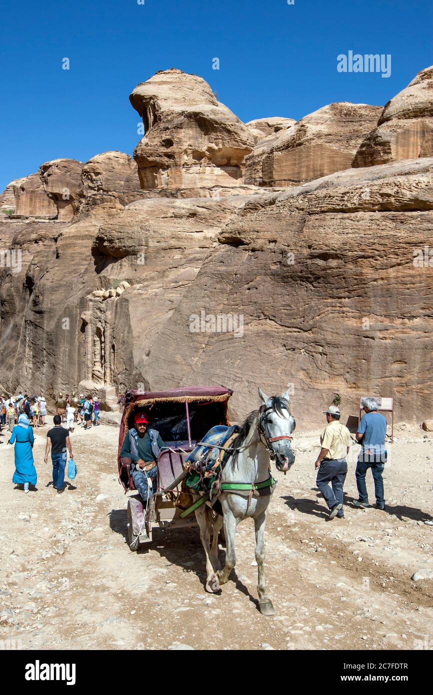 A horse and buggy head towards the entrance at Petra in Jordan to transport tourists through the ancient site in the early morning. Stock Photo