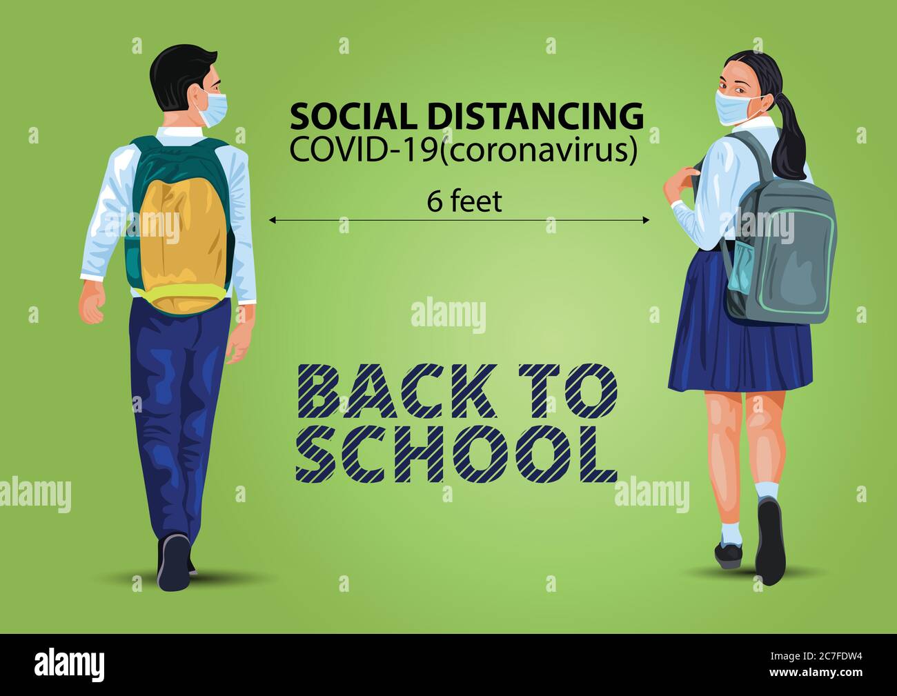 Walking boy and girl. keep social distancing. back to school illustration with their back packs and in school uniforms Education Happy to study Vector Stock Vector