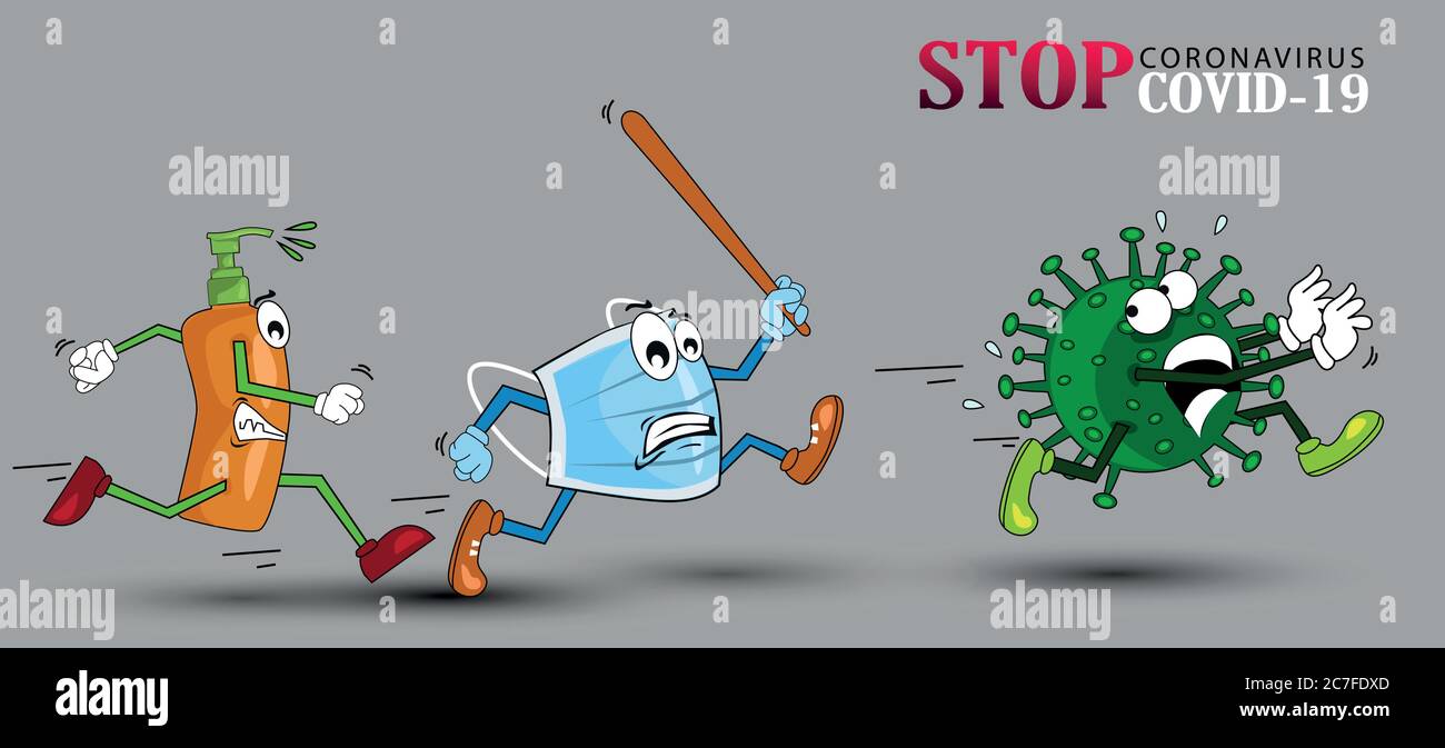Vector cartoon figure drawing conceptual illustration of sanitizer and surgical mask chasing running coronavirus COVID-19 virus with disinfection or d Stock Vector