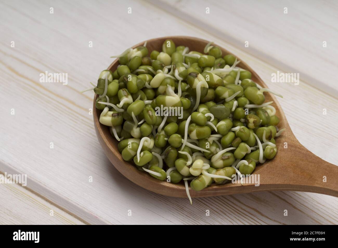 Sprouted mung beans in wooden spoon. Close up view . Stock Photo