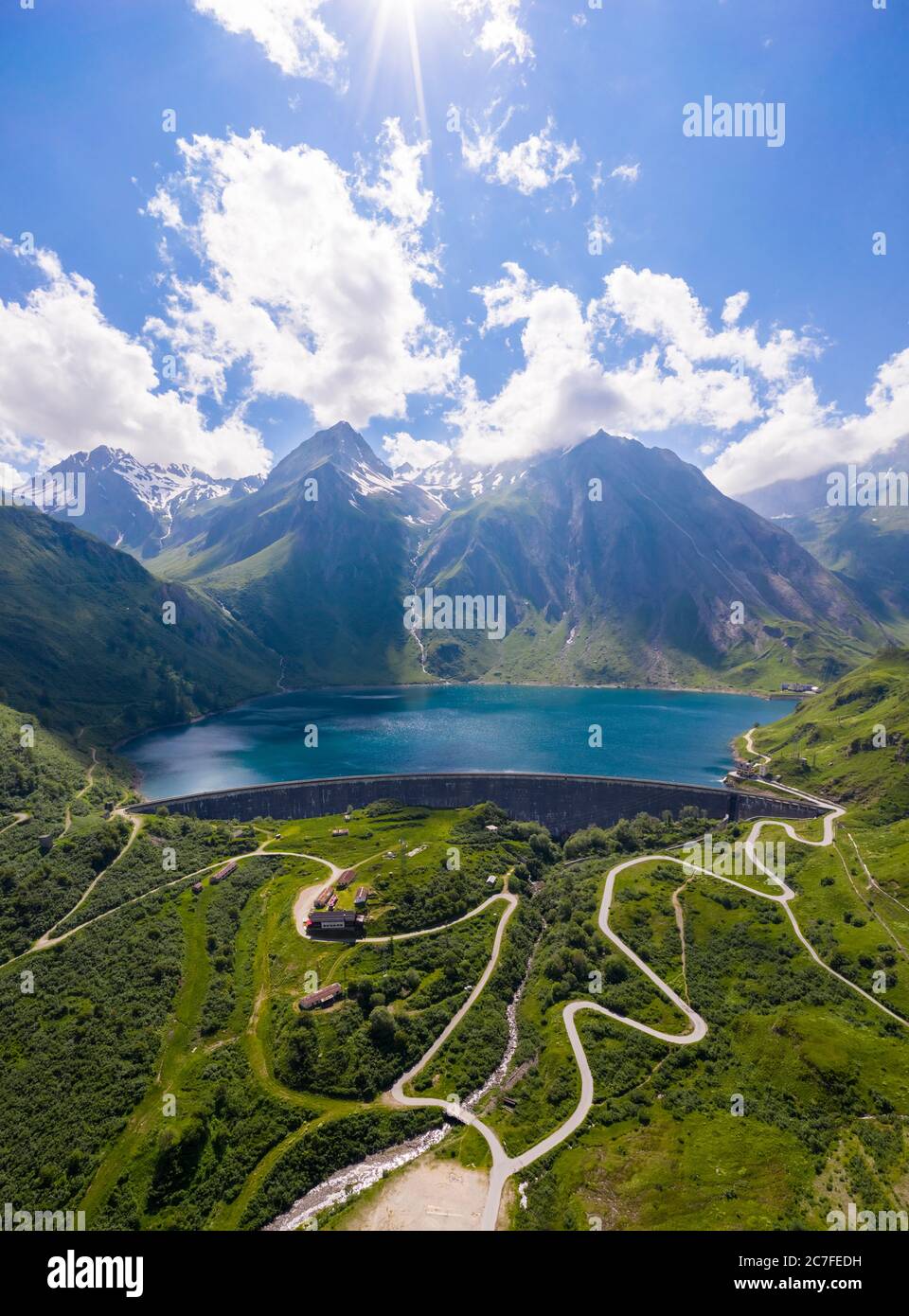 Aerial view of the Morasco Lake and Dam in summer. Riale, Formazza, Valle Formazza, Verbano Cusio Ossola, Piedmont, Italy. Stock Photo