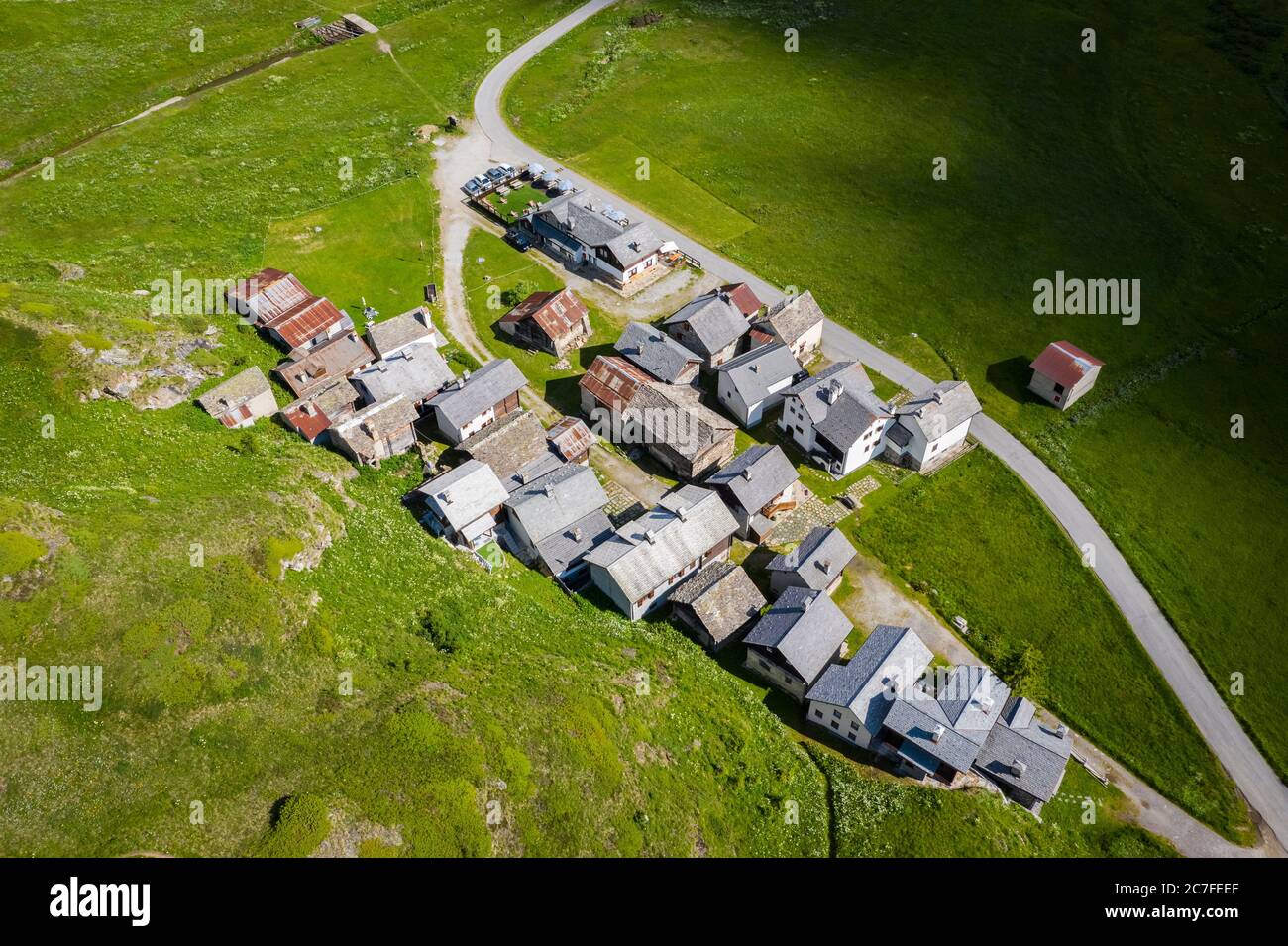 Aerial view of the small mountain walser town of Riale in the summer. Formazza, Valle Formazza, Verbano Cusio Ossola, Piedmont, Italy. Stock Photo