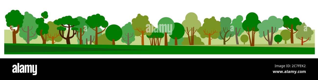 Deciduous forest. Vector. Background picture. Horizontal landscape. Symbolic flat image of trees in cartoon style. Isolated on a white background. Stock Vector