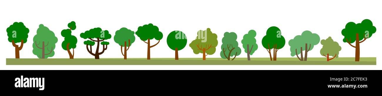 Trees, forest. Vector. Background horizontal picture. Scenery. Symbolic flat image of trees in cartoon style. Set of deciduous trees. Isolated Stock Vector