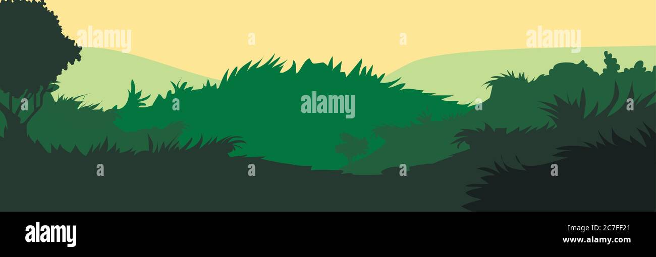 Meadow silhouette deciduous. Vector. Summer landscape with grass. Panoramic view. Green scenic. Plant illustration. Stock Vector