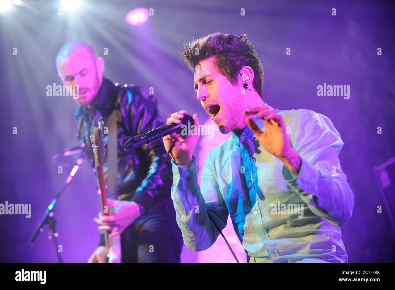 (L-R) Hunter Burgan and Davey Havok of AFI performs at the 2008 KROQ Almost Acoustic Christmas at the Gibson Amphitheater in Los Angeles. Credit: Jared Milgrim/The Photo Access Stock Photo