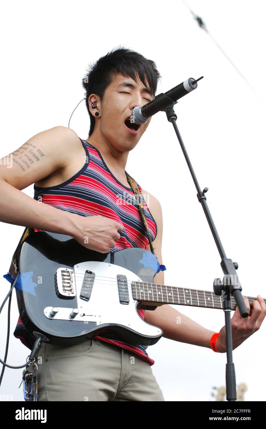 Kenny Choi of Daphne Loves Derby performing during the Bamboozle Left at the Verizon Wireless Amphitheater in Irvine. Credit: Jared Milgrim/The Photo Access Stock Photo