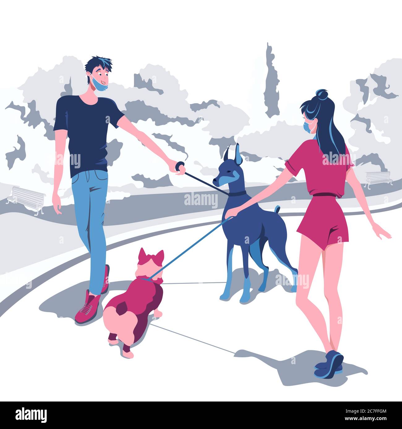 Young people meet and get acquainted with their pets while walking in the park. Walking masked people to protect themselves from the COVID-19 virus ou Stock Vector