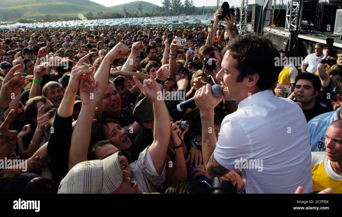 Greg Attonito of The Bouncing Souls performing with the crowd during the Bamboozle Left at the Verizon Wireless Amphitheater in Irvine. Credit: Jared Milgrim/The Photo Access Stock Photo
