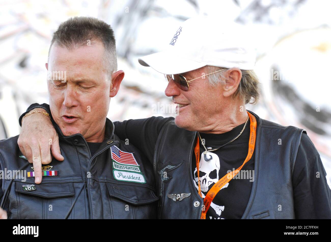 (L-R) Robert Patrick and Peter Fonda on stage at the Love Ride at the Pomona Fairplex on October 26, 2008 in Pomona, California. Credit: Jared Milgrim/The Photo Access Stock Photo