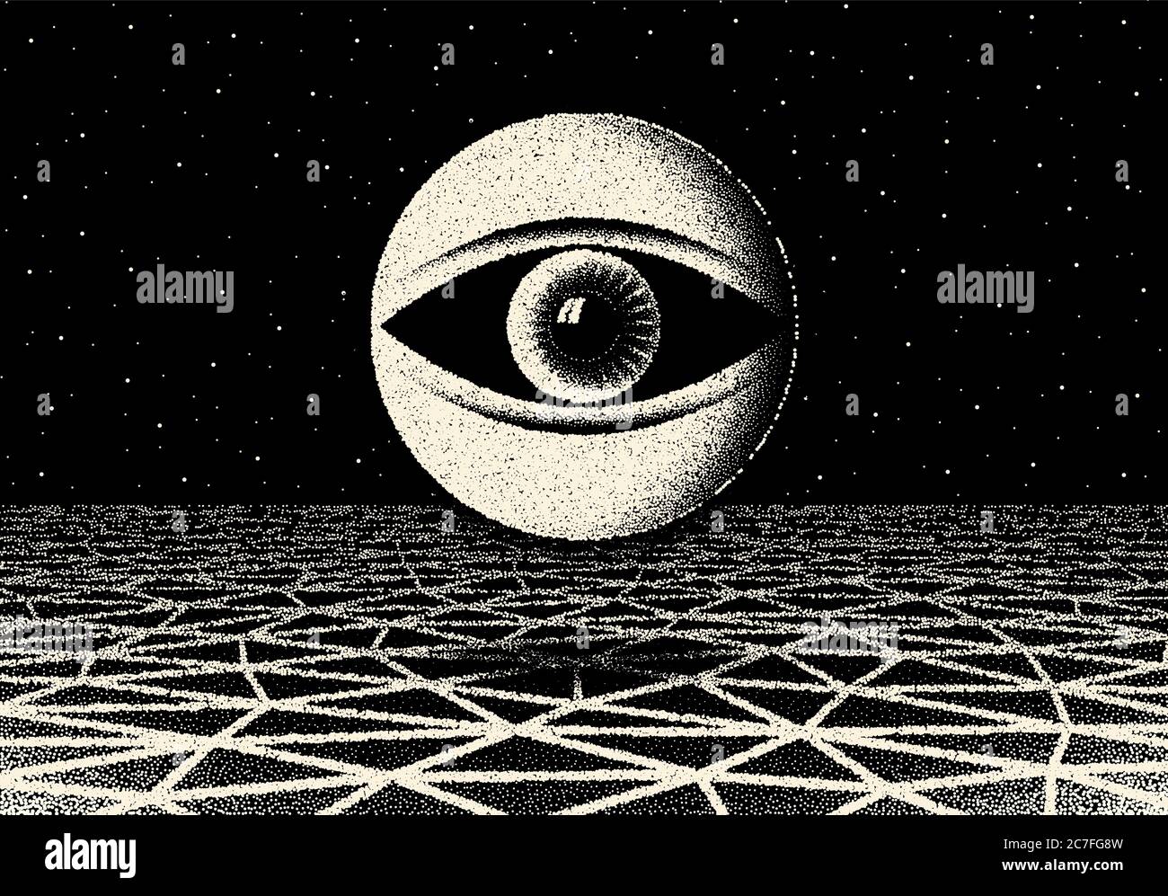 Retro dotwork landscape with 60s or 80s styled alien robotic space eye over the desert planet on the background with old sci-fi style Stock Vector