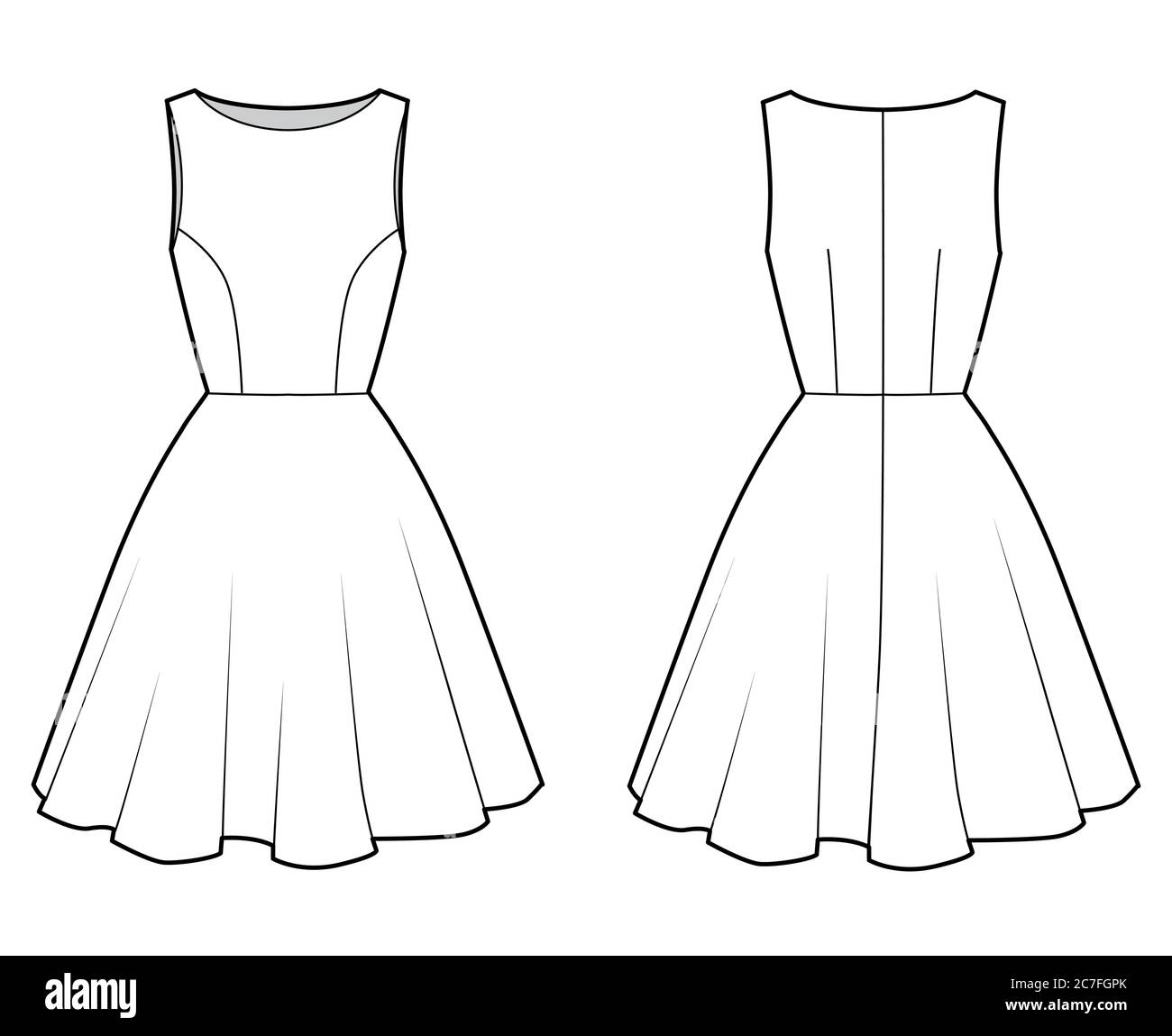 Dress technical fashion illustration with fitted body, boat neck ...