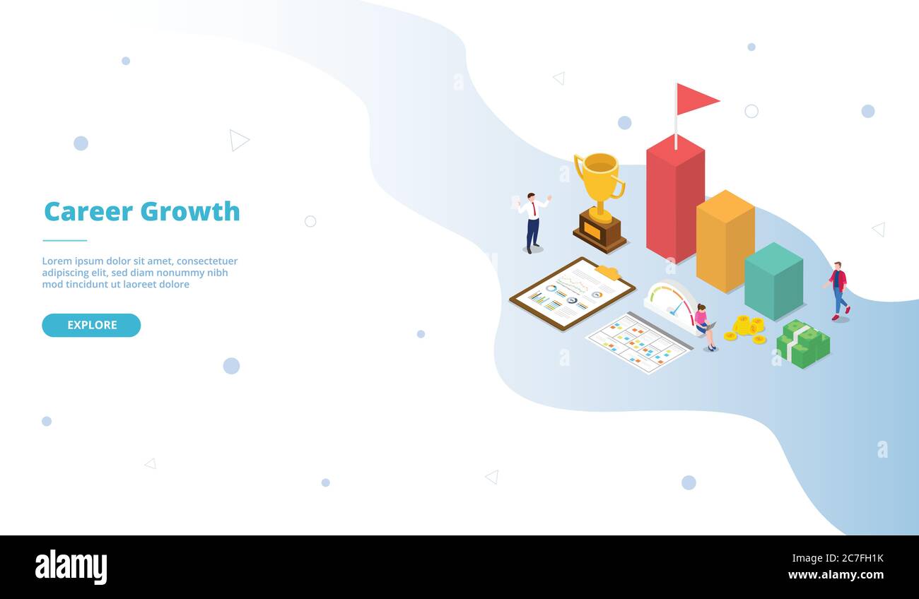 Career growth people standing sitting near big trophy chart box campaign for web website home homepage landing template banner with isometric cartoon Stock Vector
