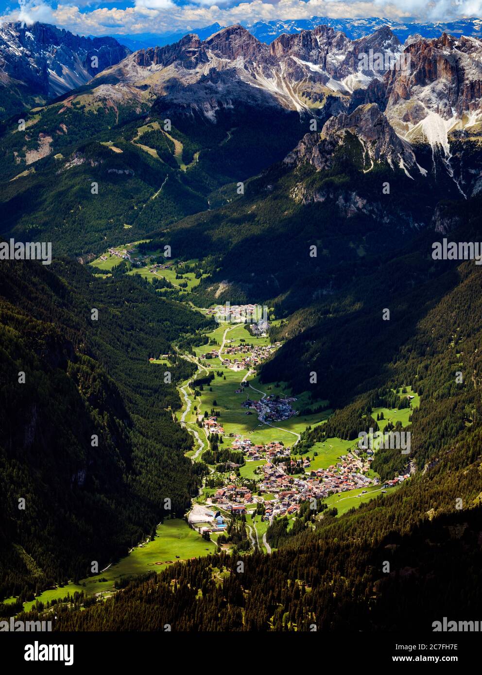 Aerial view of Campitello di Fassa, a comune in Trentino, northern of Italy Stock Photo
