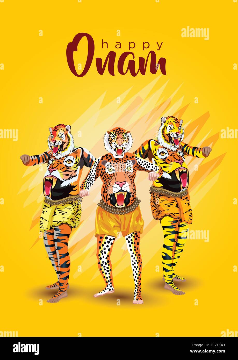 Puli Kali, tiger dance for Onam celebration with vector illustration of Happy  Onam background for Festival of South India Kerala Stock Vector Image & Art  - Alamy