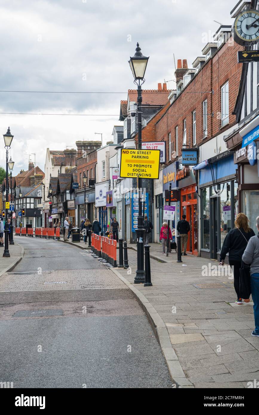 High Street traffic restriction measures and notices for Covid 19 pandemic social distancing, Rickmansworth, Hertfordshire, England, UK Stock Photo