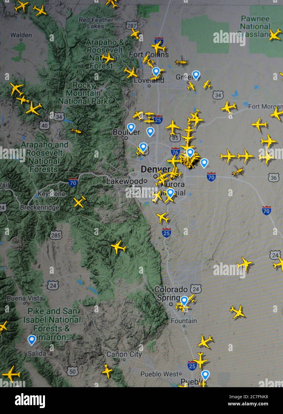 air traffic over Denver region, USA, (16 july 2020, UTC 21.51) on Internet with Flightradar 24 site, during the Coronavirus Pandemic Stock Photo