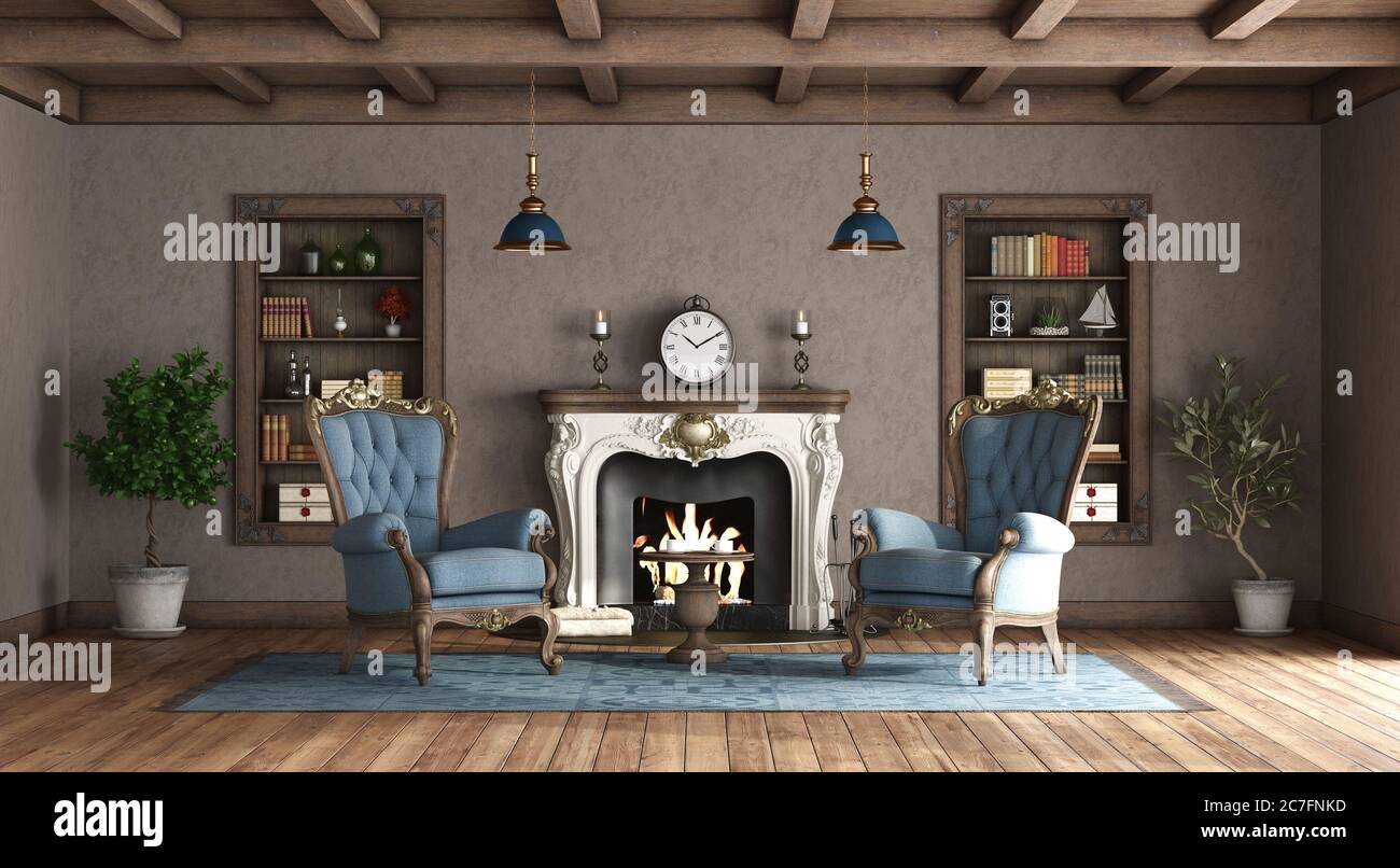 Classic style living room with fireplace , blue armchair and wooden ...