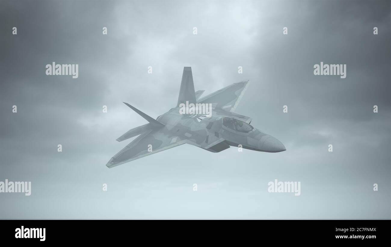 Fighter Jet Aircraft Flying Low Overcast Day 3d illustration 3d render Stock Photo