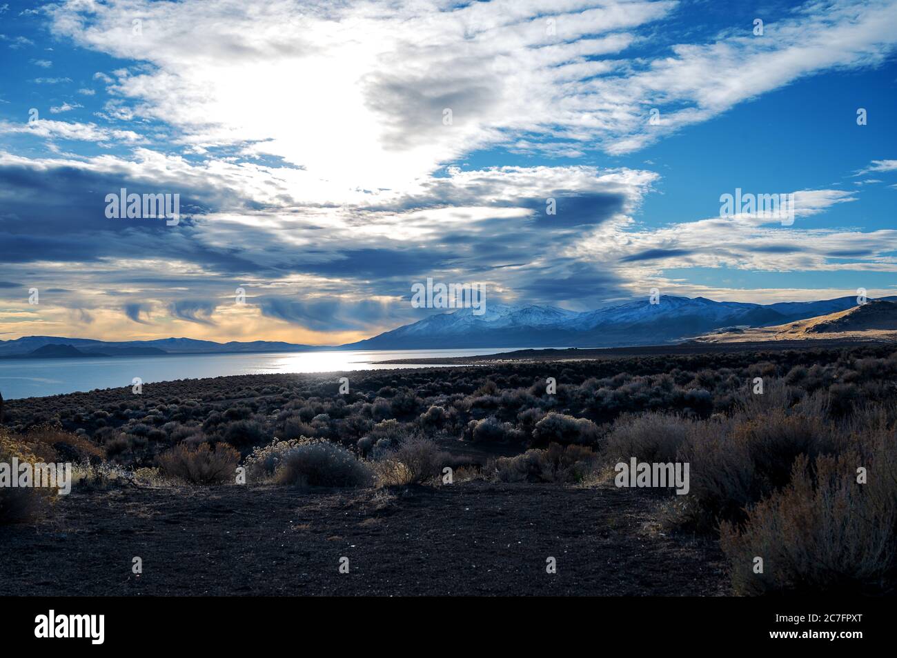 Beautiful scenery of the sunset reflecting in the Pyramid Lake in