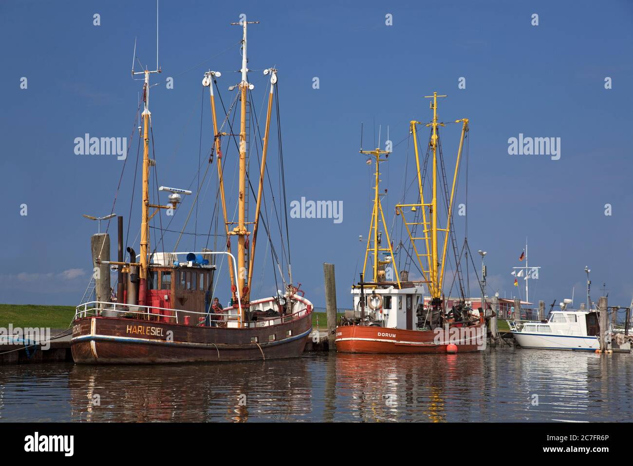 Germany, Lower Saxony, shrimp boat in the harbour of Dorum, Dorum-Neufeld, Wurste. Stock Photo