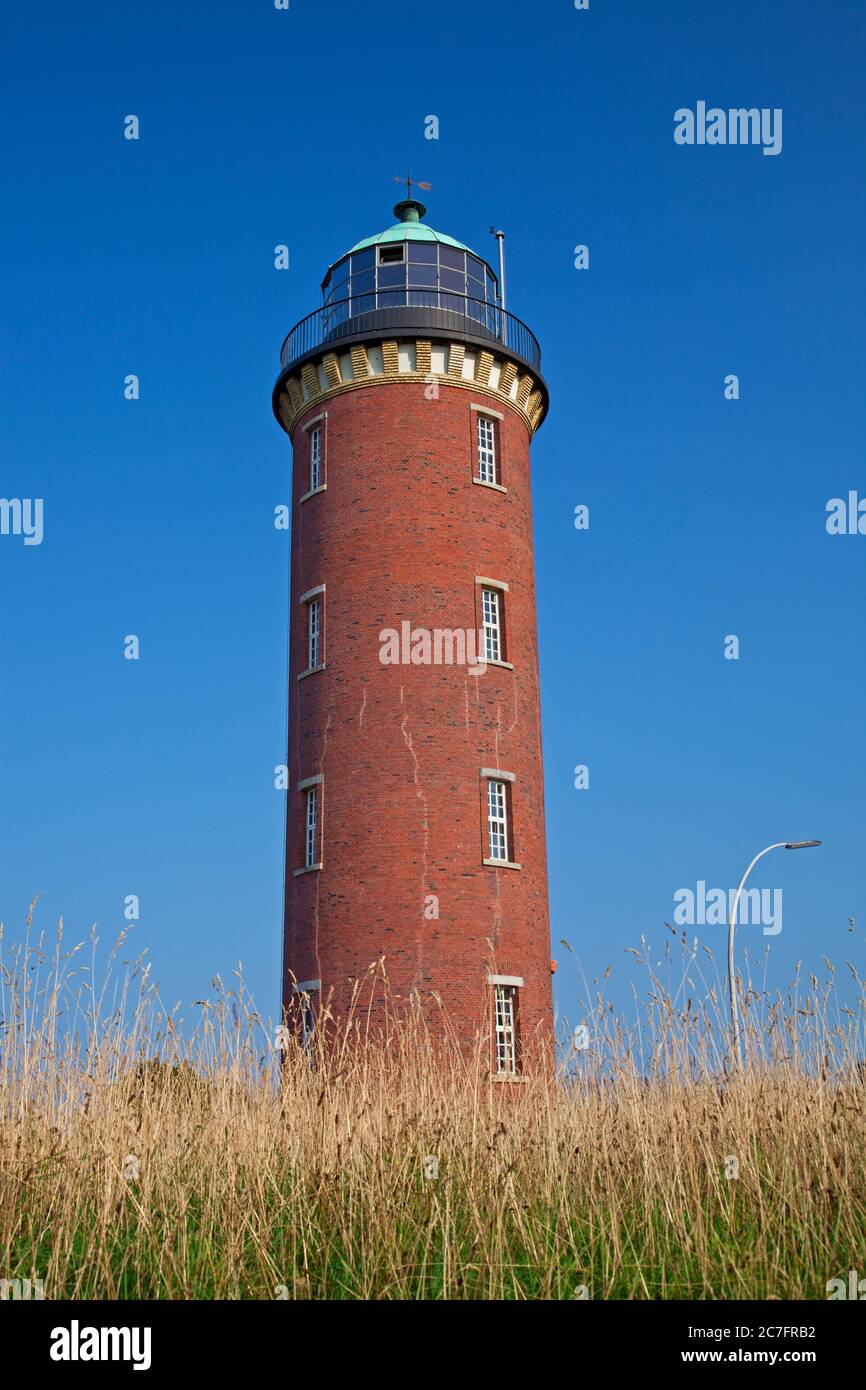 Germany, Lower Saxony, lighthouse at the Elbe River mouth in Cuxhaven. Stock Photo