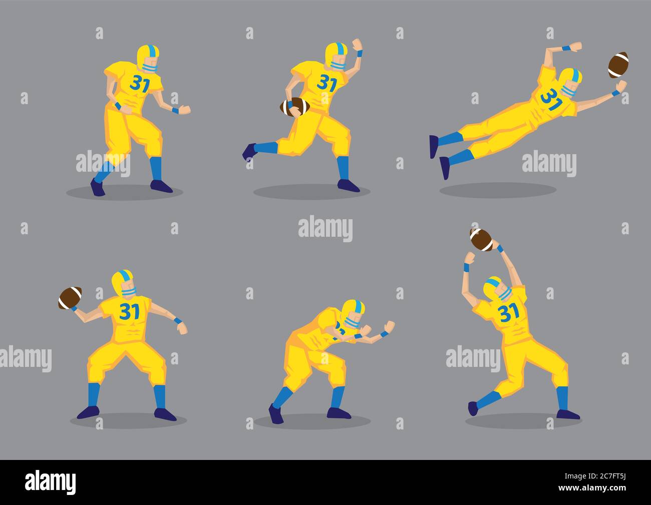 Set of six vector illustration of cartoon American football player in yellow uniform isolated on grey background. Stock Vector