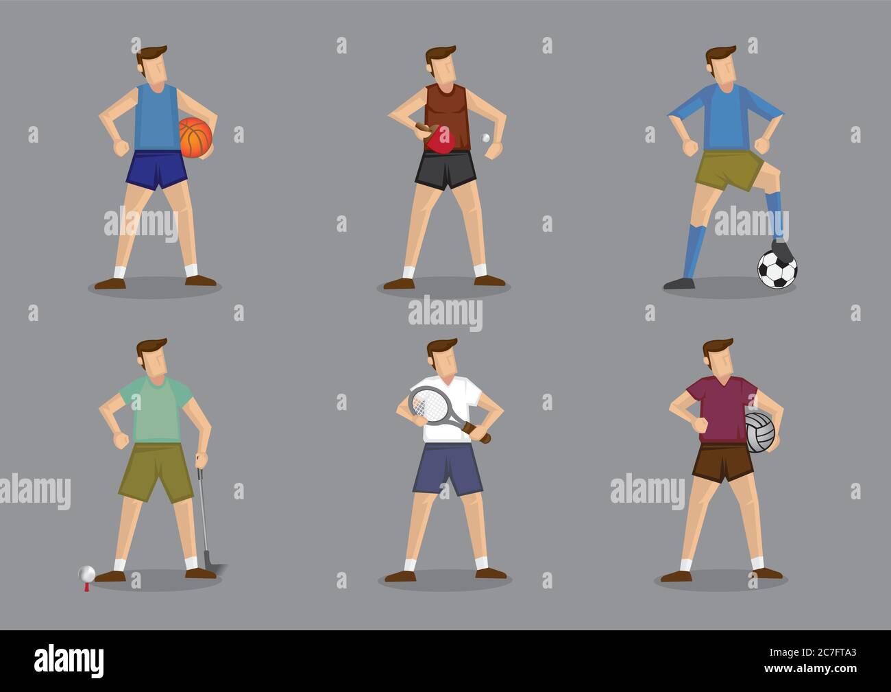 Set of six cartoon characters wearing different sports attire for the various ball games. Vector illustration isolated on grey plain background Stock Vector
