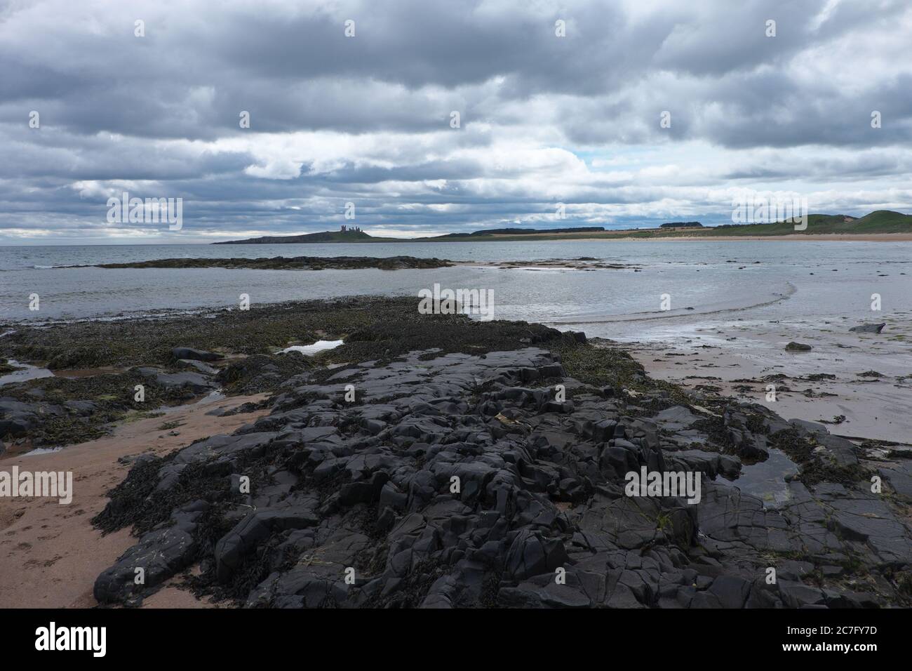Looking across Embleton Bay to Dunstanburgh Castle, Northumberland Stock Photo