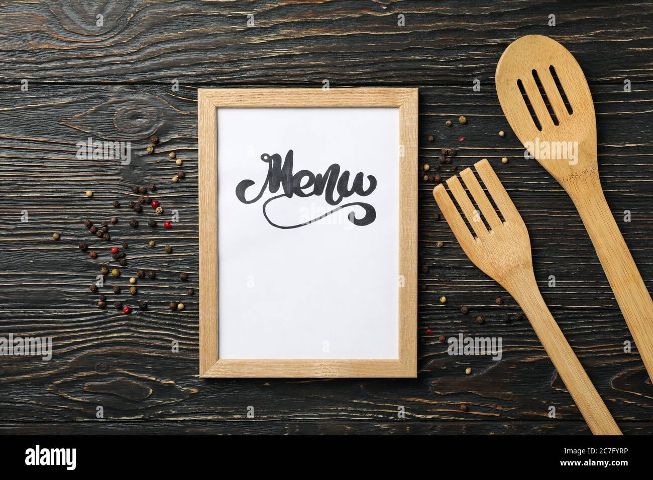 Background Text Menu Frame with text Menu and cutlery on wooden background Stock Photo - Alamy
